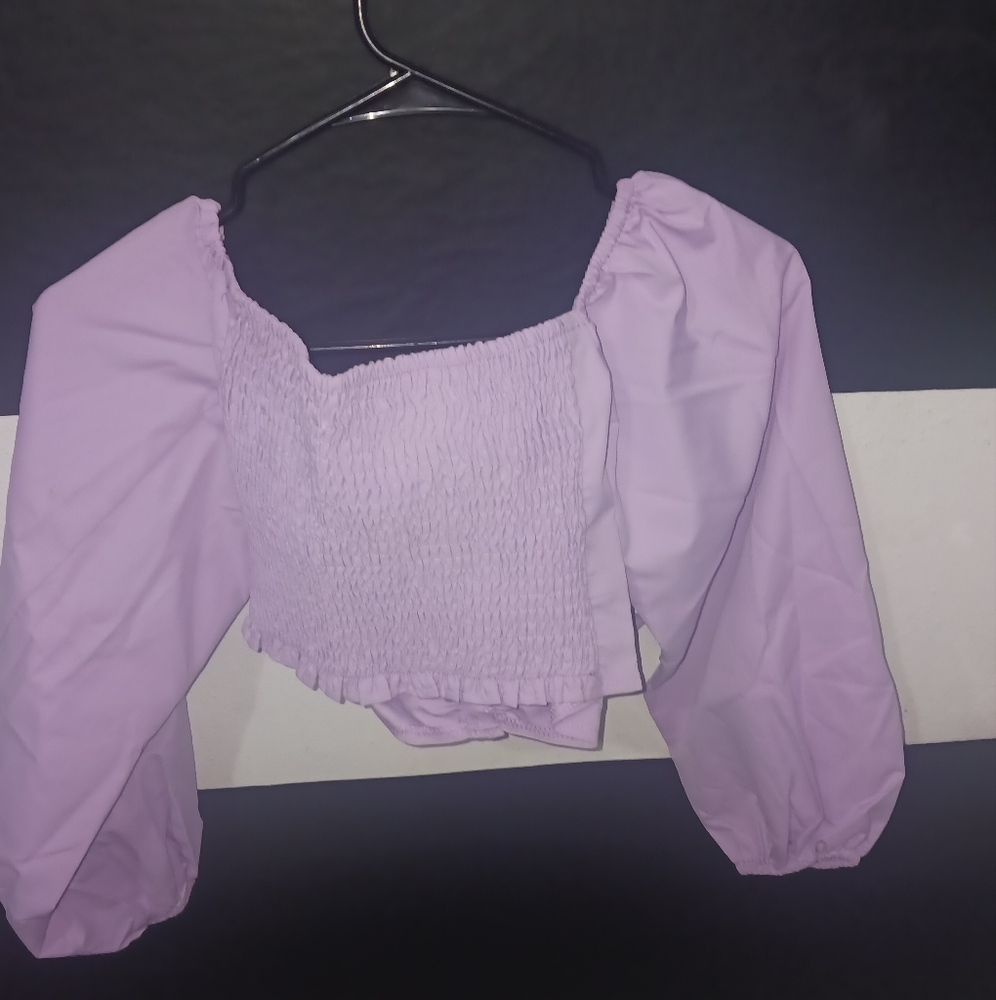 Women Lila purple puff sleeves bow blouse top - Picture 8 of 12